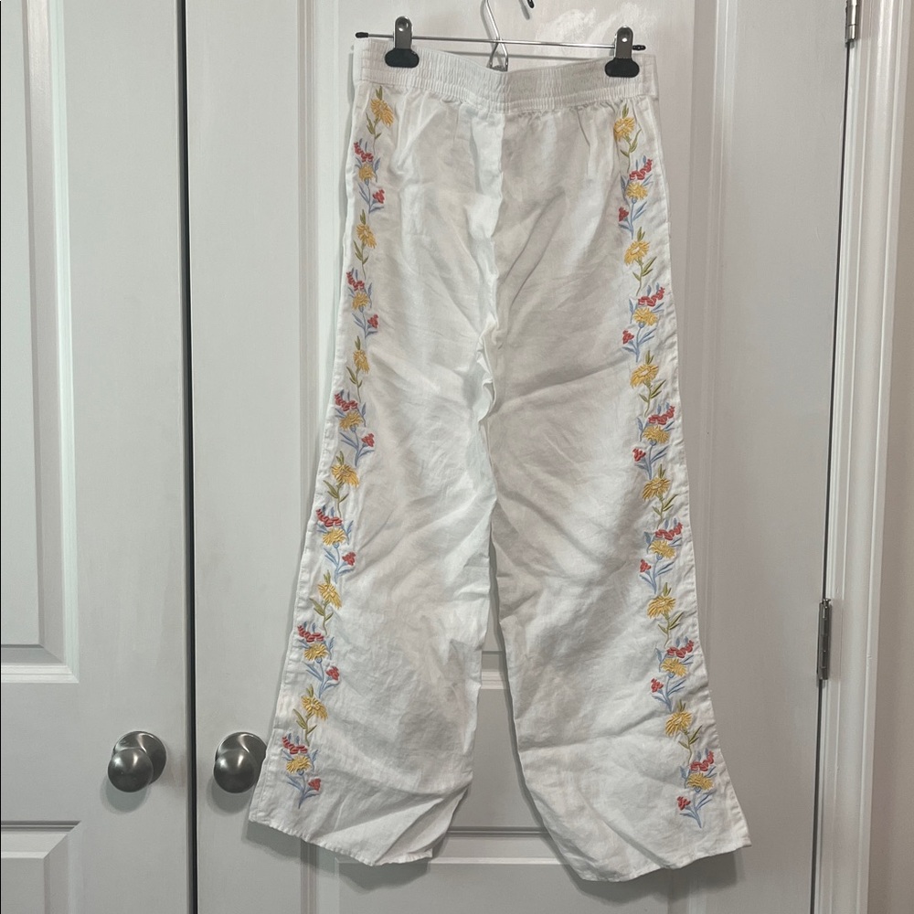 Calypso St Barth Boho White Linen Embroidered Floral Wide-Leg Pants Small - Picture 4 of 7
